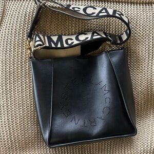 Stella McCartney Black Shoulder Bag with Beige Logo Strap